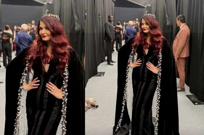 Former Miss World Aishwarya Rai Bachchan backstage at Paris Fashion Week 2026 in velvet gown